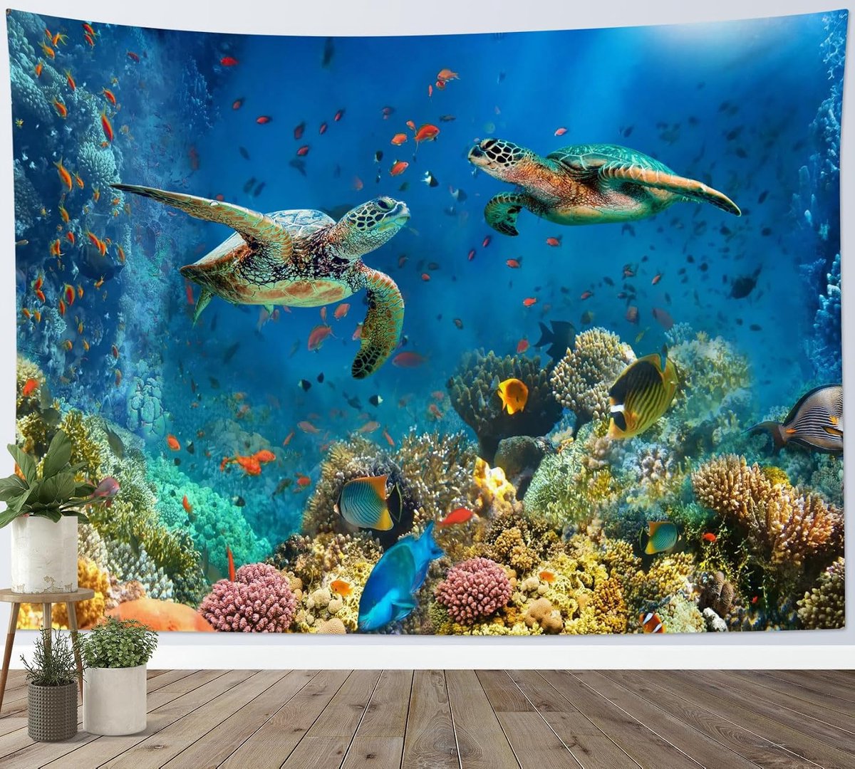 Wandtapijt Zeeschildpad Blauwe Oceaan Zomer Koraal Tropische Vis Tapijten Woondecoratie voor Woonkamer Slaapkamer Room Decor,150x100cm