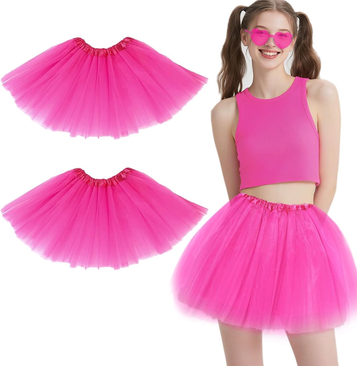 Set van 2 tutu-rokken voor vrouwen, roze tutu voor volwassenen, jaren 80-kostuum, neonfeestaccessoires, tule tutu-rokken, dames, tutu-rok, halloweenfeest, verkleedkostuum
