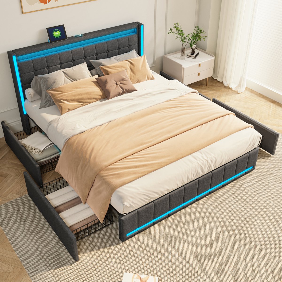 REDOM Tweepersoonsbed - 4 metalen opberglades - LED-verlichting en USB-A en USB-C-laadpunten - Linnen bekleding - Donkergrijs - 140 x 200 cm