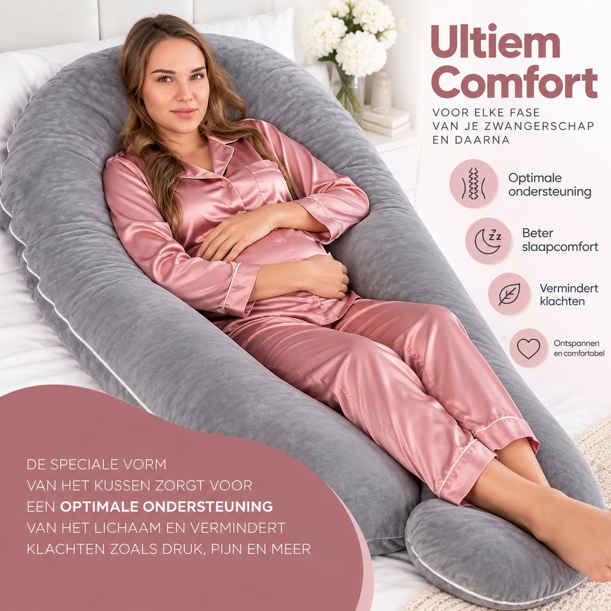 Sleepcomfort - U-Vorm Zwangerschapskussens - Zwangerschapskussen -Zijslaapkussen – Voedingskussen – Body Pillow - lichaamskussen - 280CM. – foto 5