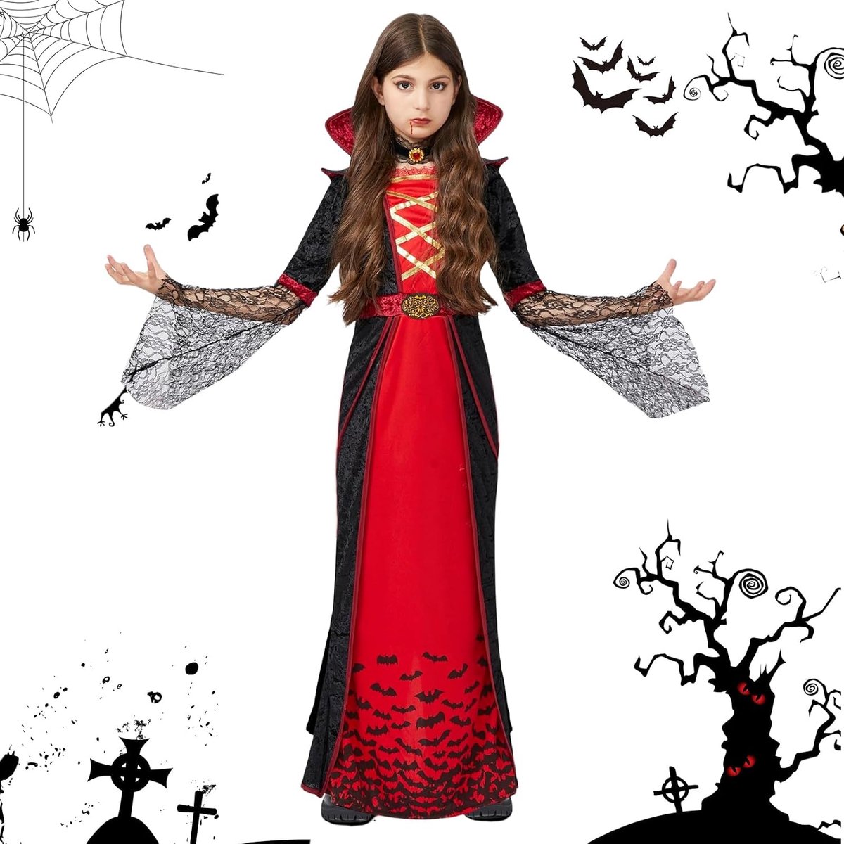 Vampierkostuum voor meisjes, Halloweenkostuum voor kinderen, vampierjurk met halsketting, gothic, Victoriaanse vampierjurk, Queen Dress cosplay, vampierjurk voor kinderen, voor Halloween