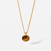 Lundholm Elodie Bruine Tijgeroog Ketting Dames Goudkleurig - Edelsteen Ketting met Tijgeroog Hanger 45 cm - Premium Stainless Steel Jewellery PVD Goud Verguld - Hypoallergene Sieraden - Vrouwen Cadeautjes - Kerst Cadeau Vriendin - my Lundholm