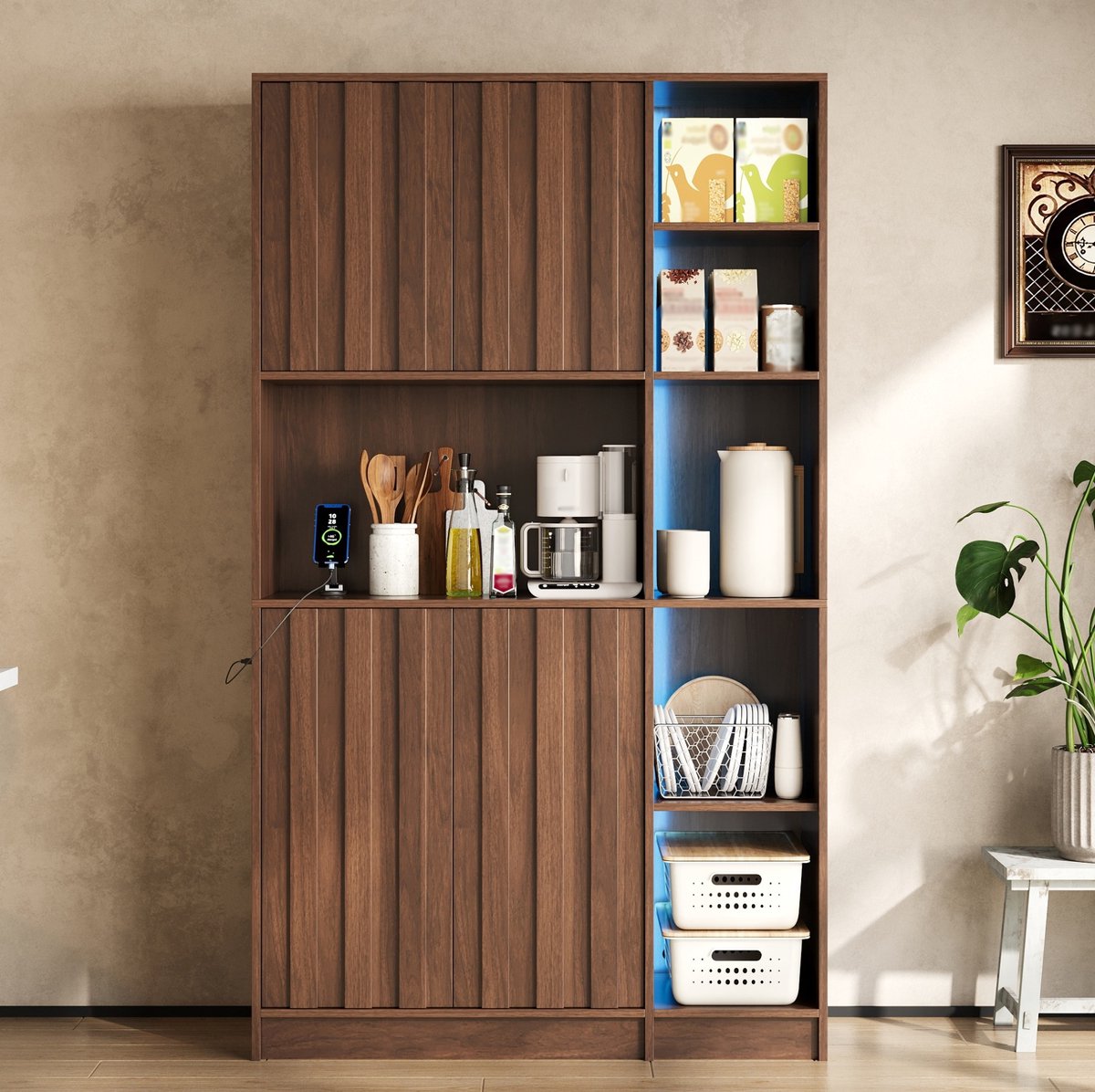 MODENUIT Keukenkast 105 x 40 x 180 Cm - Ledverlichting Met Stopcontact En Open Vakken - Keuken - MDF - Walnoot