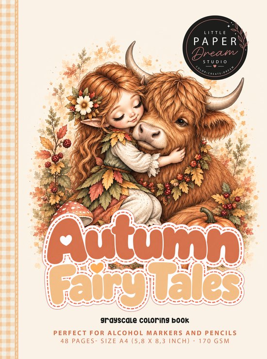 Kleurboek 'Autumn Fairy Tales' met een elfje dat een Schotse hooglander knuffelt, omringd door herfstbladeren.