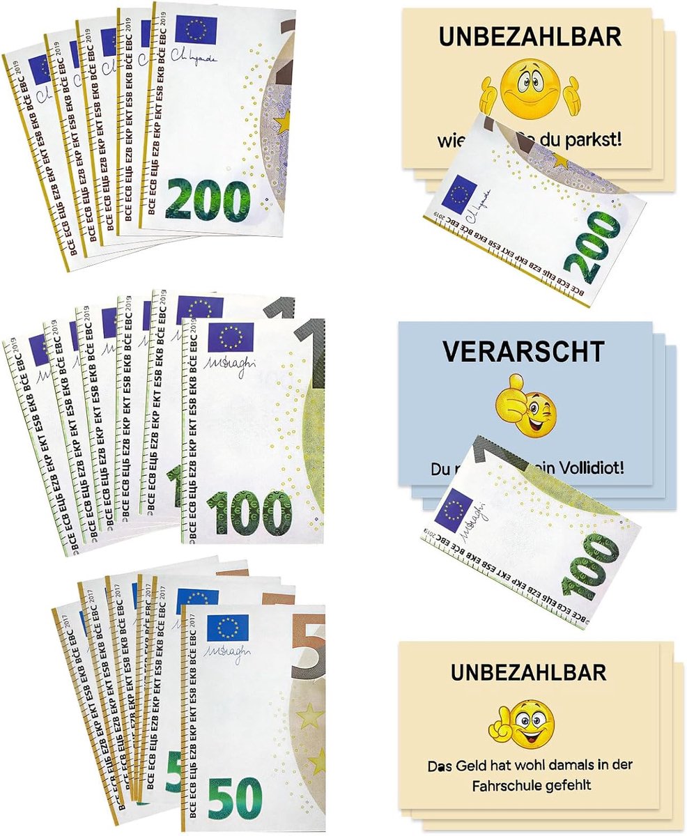 150 stuks valse parkeerkaarten, 50 stuks mix 50 €/100 €/200 € bankbiljetten