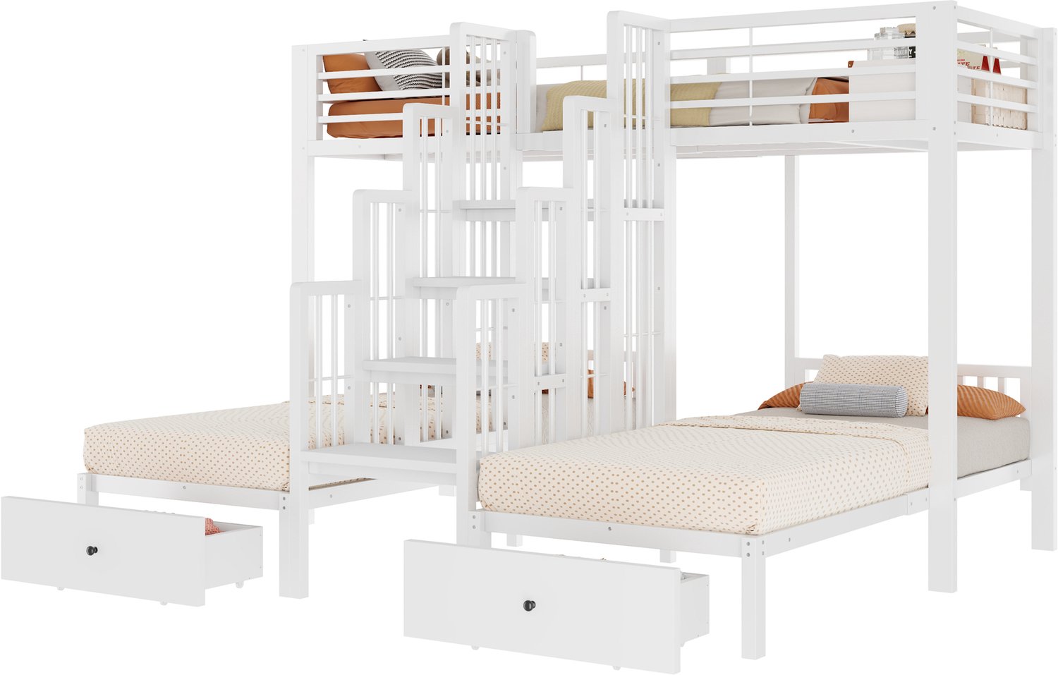MUVANO Stapelbed voor 3 personen - Kinderbed met centrale trap en 2 lades - Metalen frame met uitvalbeveiliging - 90 x 200 cm - Kinderkamer - Wit