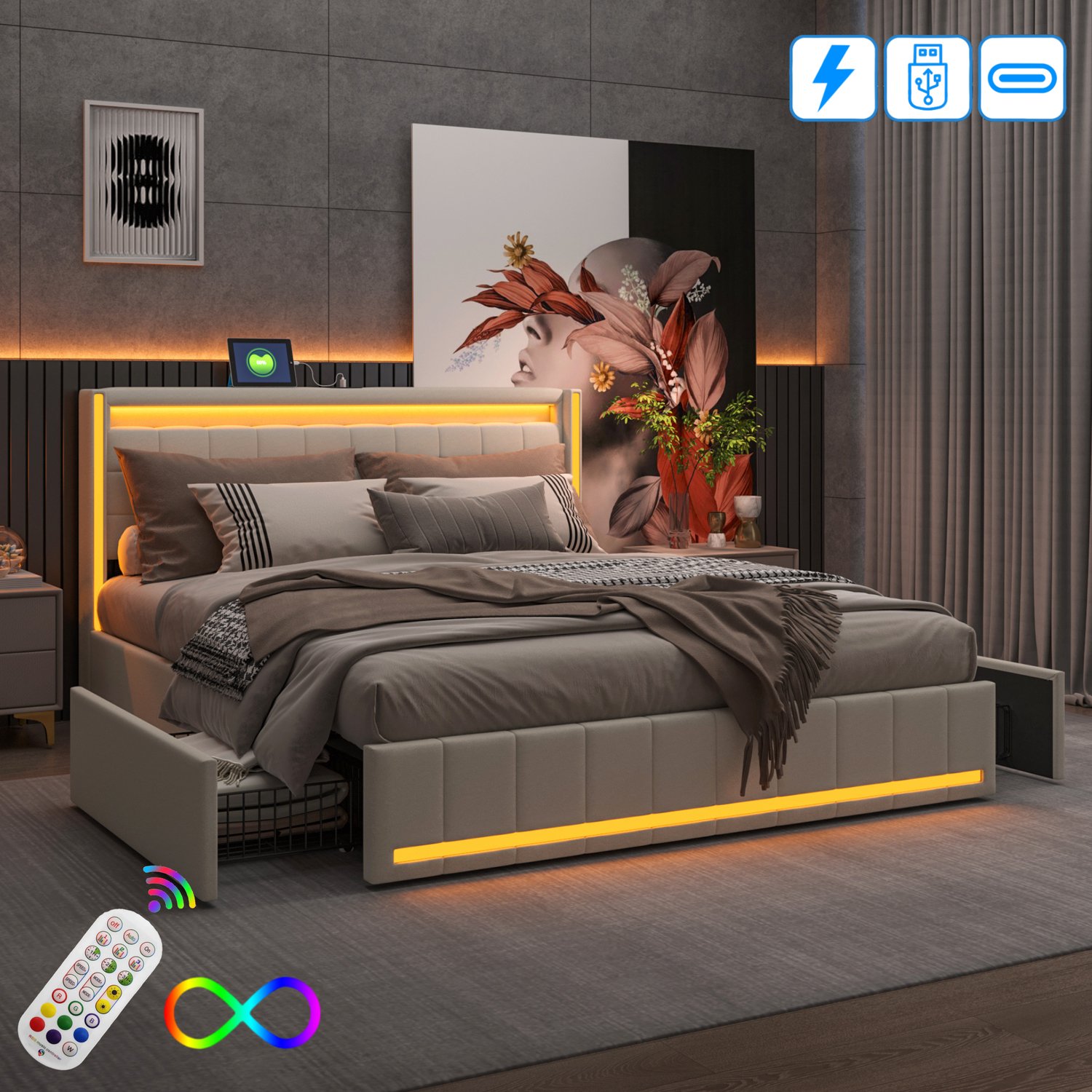 Yelenaro Tweepersoonsbed 140x190 cm met 4 opberglades, Gestoffeerde hoofdeinde met LED-verlichting en USB-poort, 2 Persoons Bedframe 140 x 190 cm met lattenbodem, Linnen, Beige