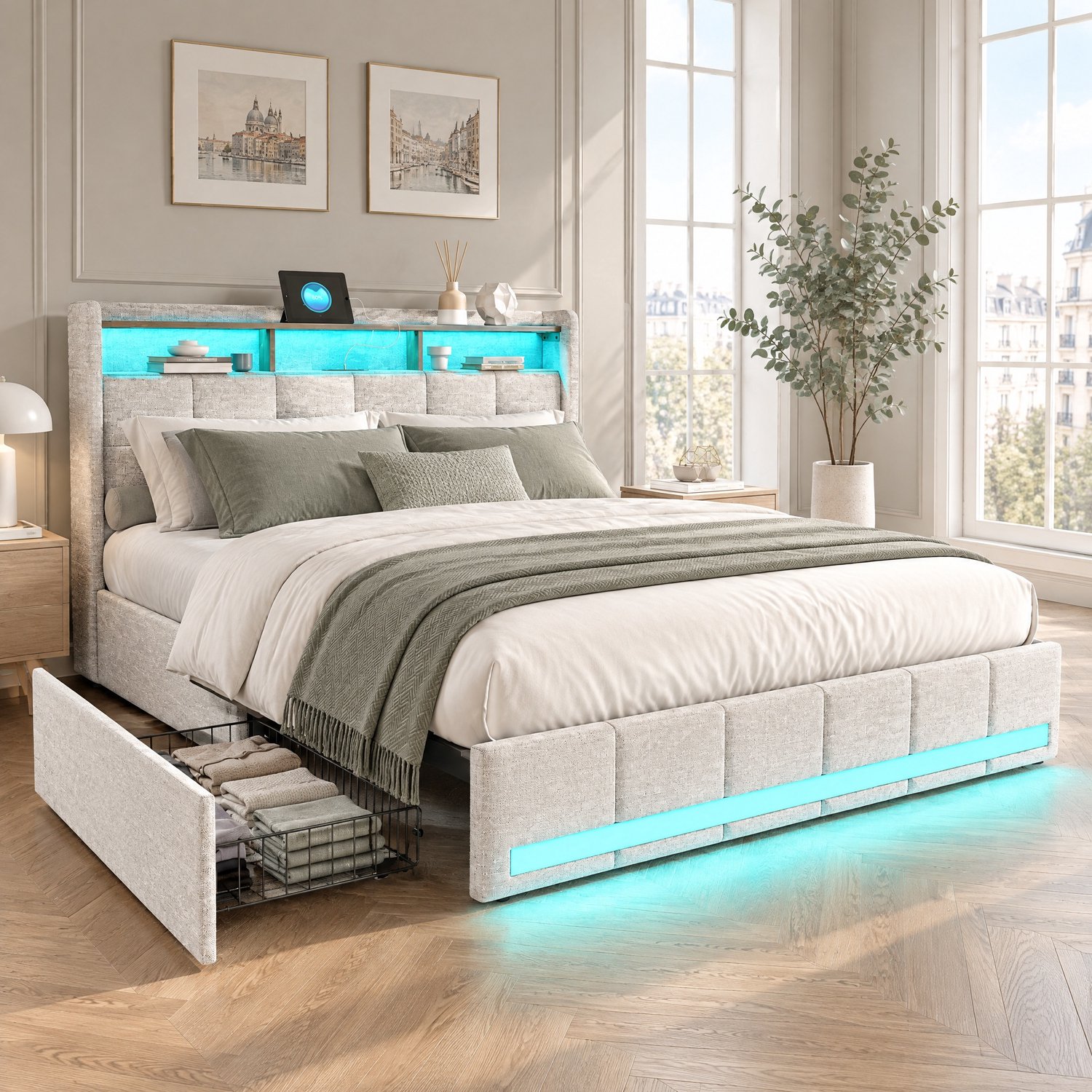 Yelenaro Gestoffeerd tweepersoonsbed 140x200 cm, Bedframe met lattenbodem en 4 lades, Hoofdeinde met opbergruimte, LED-verlichting en USB-aansluiting, Linnen, Beige