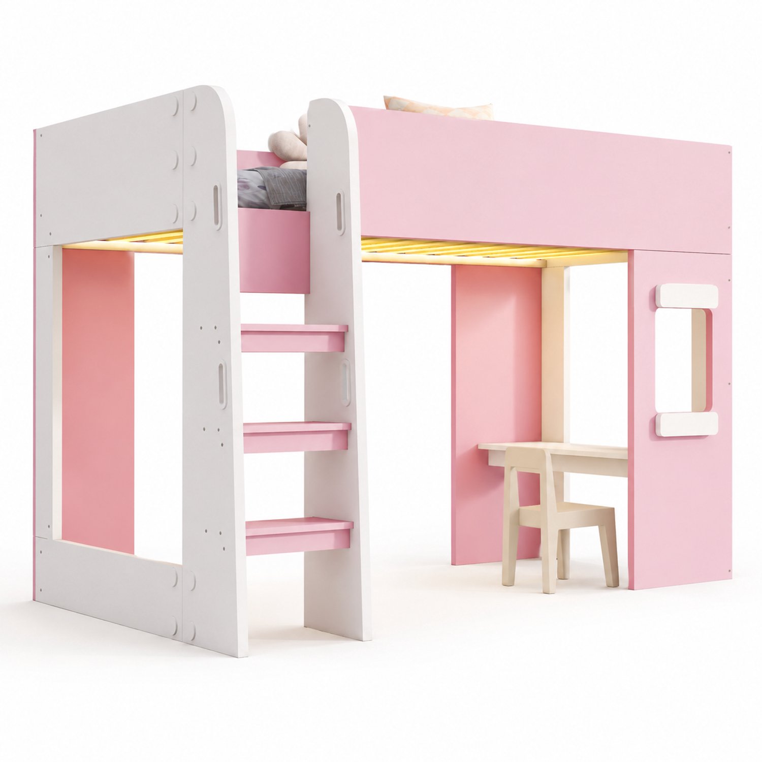 MUVANO Hoogslaper met bureau - Eenpersoonsbed met ledverlichting - MDF en multiplex - 90 x 200 cm - Hoge uitvalbeveiliging - Kinderkamer - Roze