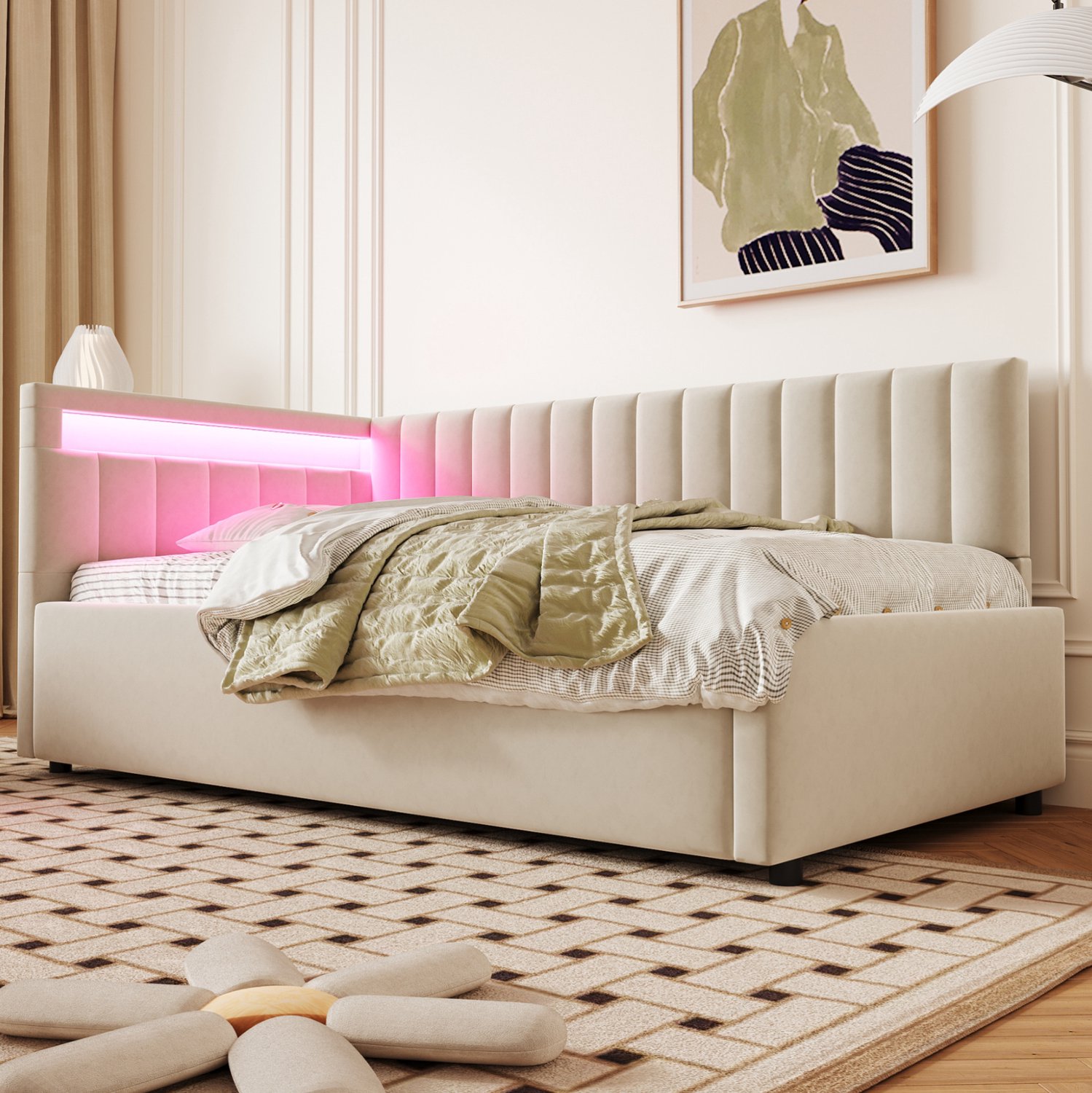 Maisentiel Eenpersoonsbed 90x200 cm met LED-verlichting en hydraulische opbergruimte - beige