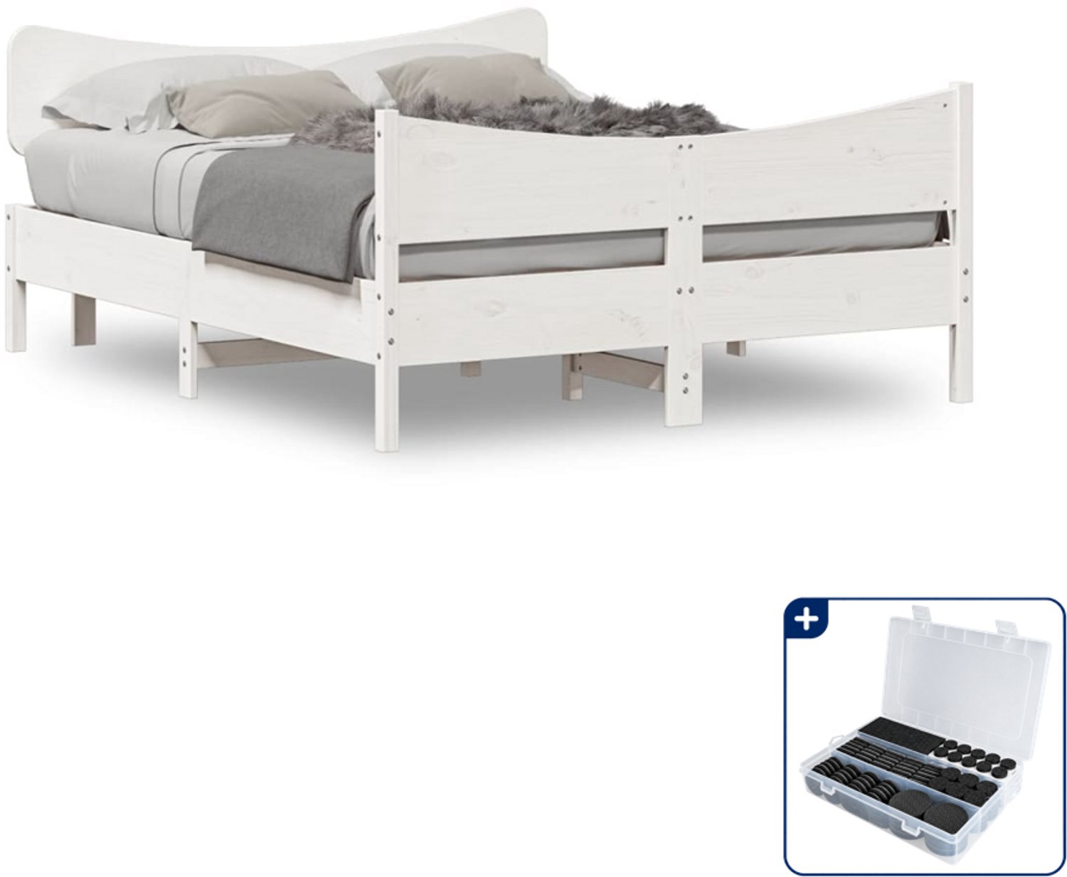 vidaXL bedframe - 140 x 190 cm - massief grenenhout - wit - Inclusief antikrasvilt 177-delig Zwart