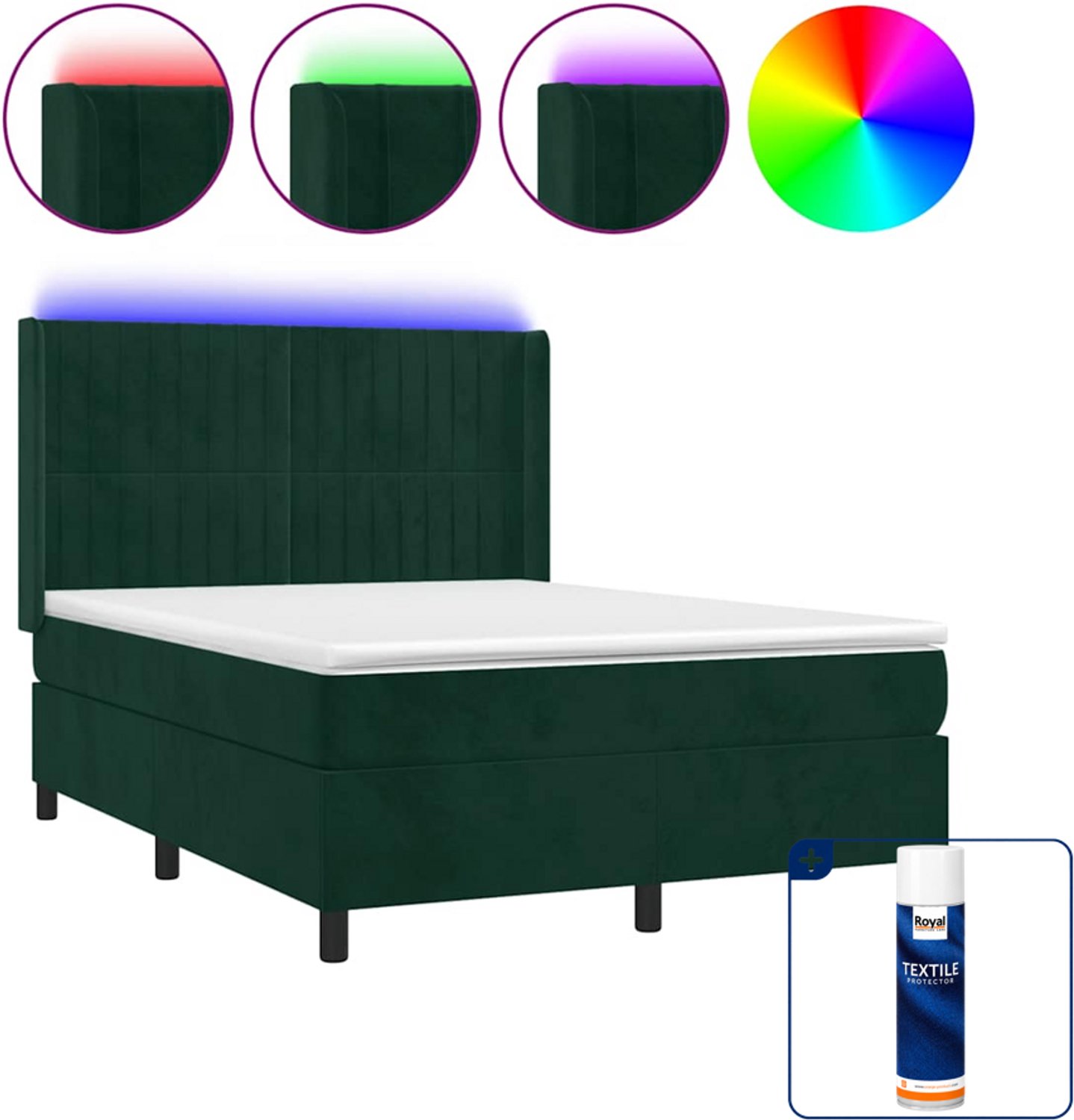 vidaXL boxspring met matras en led - 140 x 190 cm - fluweel - donkergroen - Inclusief textielbeschermer 500 ml