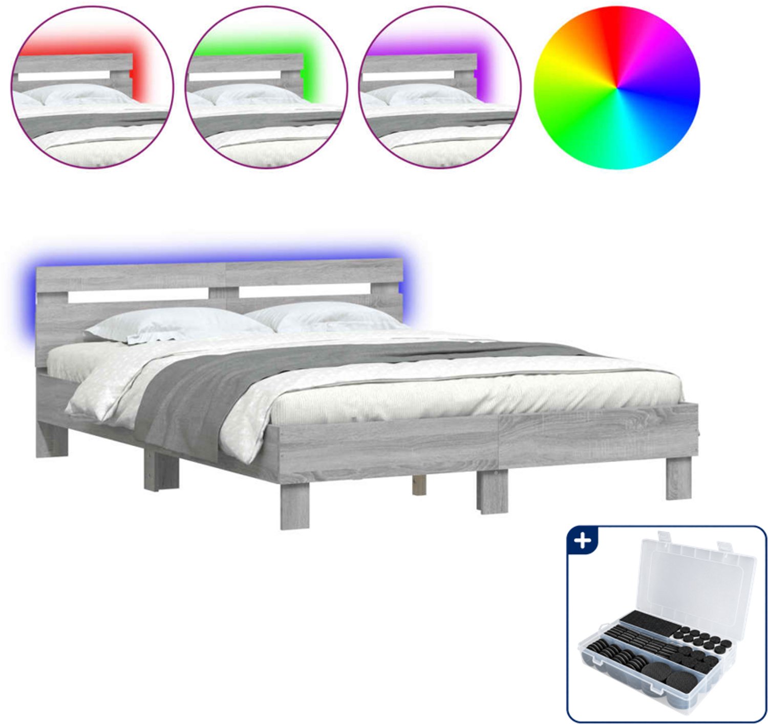 vidaXL Bedframe met hoofdeinde en LED - 150 x 200 cm - grijs sonoma - Inclusief antikrasvilt 177-delig Zwart