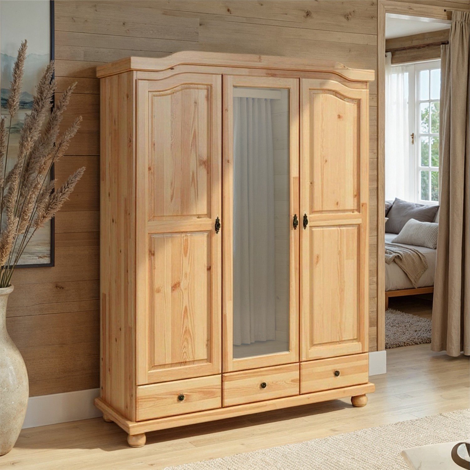 Inter Link SAS Kledingkast Kappl – Massief grenenhout naturel – 3 deuren, spiegel en 3 lades – 150 cm breed bruin