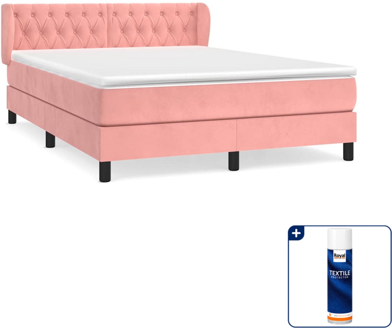 vidaXL boxspring met matras 140 x 190 cm - fluweel - roze - Inclusief textielbeschermer 500 ml