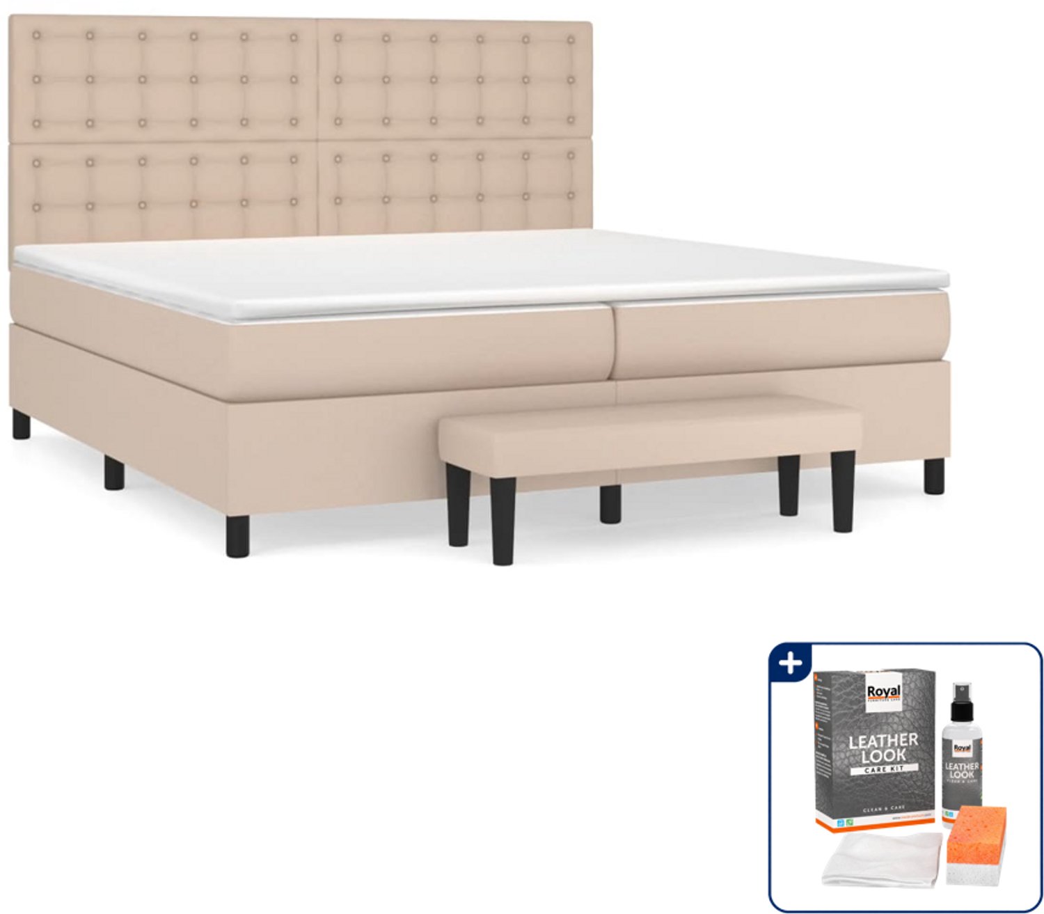 vidaXL boxspring met matras - super kingsize - 200x200 cm - cappuccino - Inclusief onderhoudsset voor kunstleer 150 ml Bruin