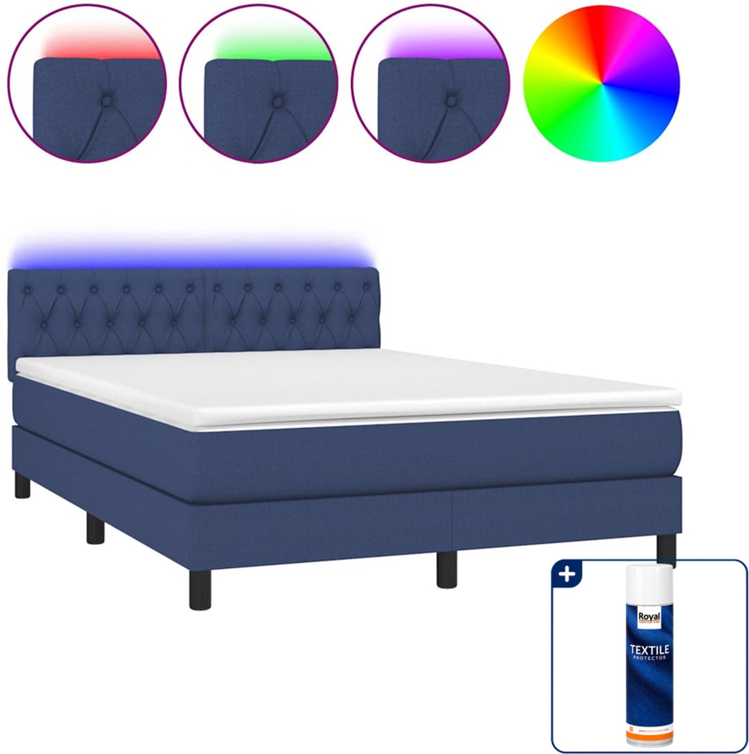 vidaXL boxspring met matras en LED - 140 x 190 cm - blauw - Inclusief textielbeschermer 500 ml