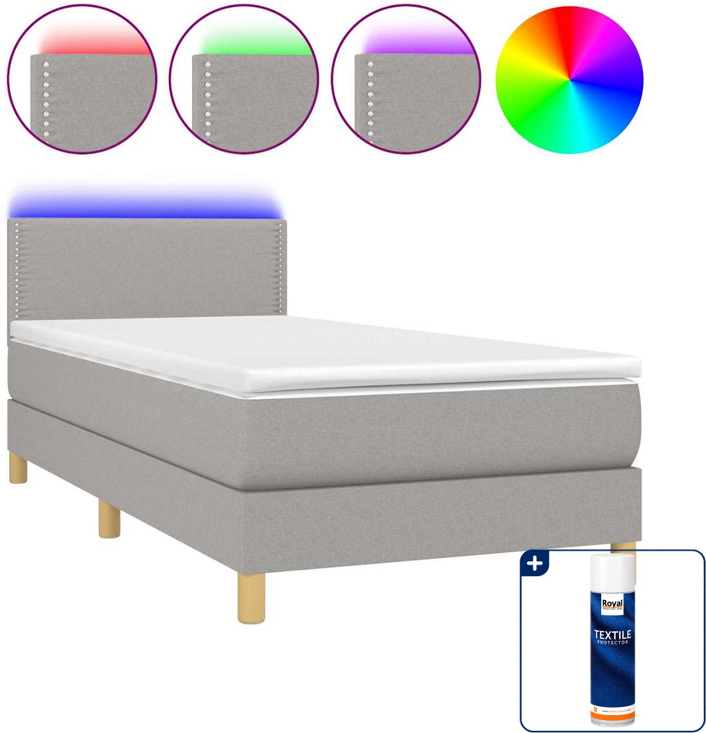 vidaXL boxspring met matras en led - 90 x 200 cm - lichtgrijs - Inclusief textielbeschermer 500 ml