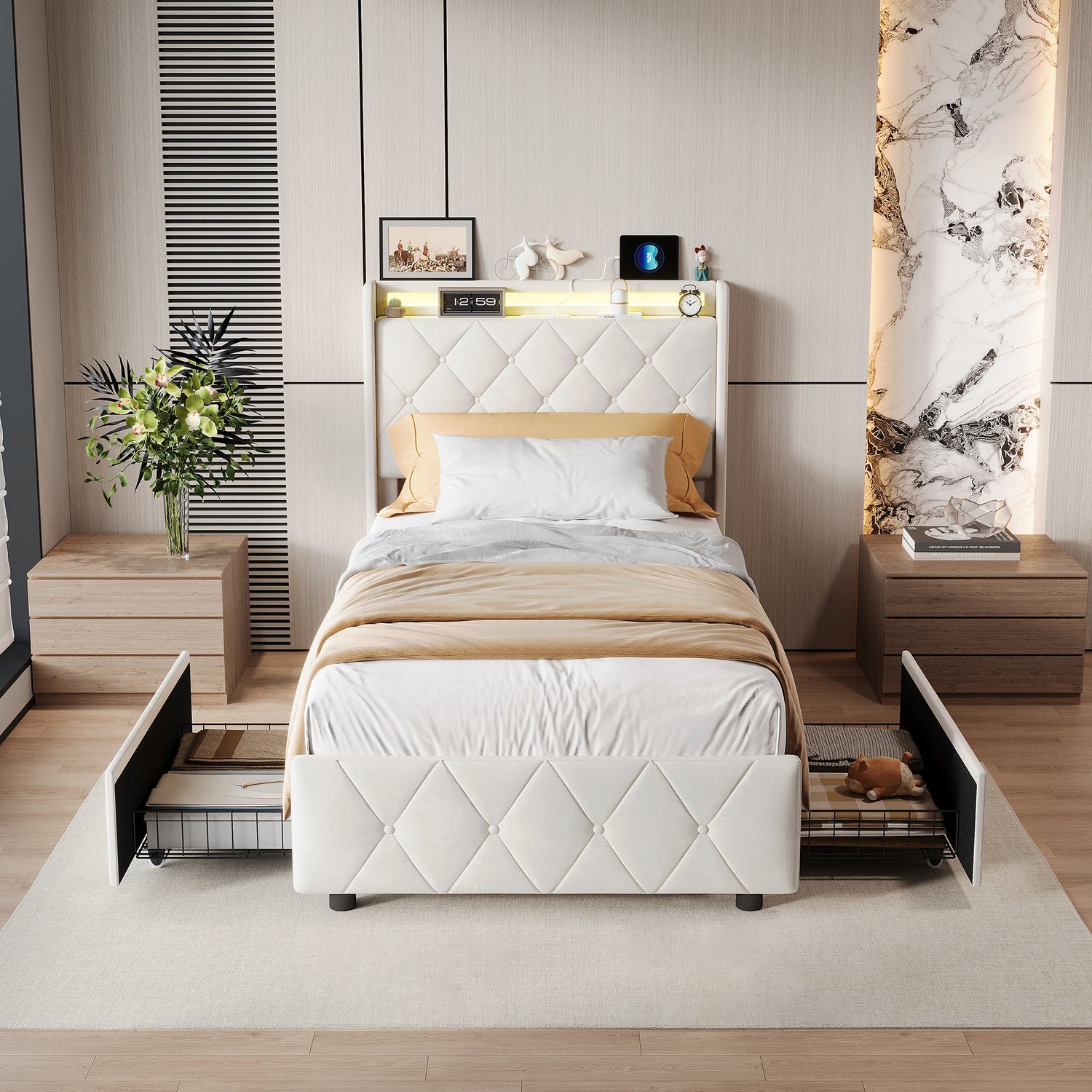 Yelenaro Eenpersoonsbed 90x200 cm met LED en USB, Gestoffeerd Bed met 2 Lades, Opbergbed met Lattenbodem, Jongerenbed, Beige fluweel, Zonder matras