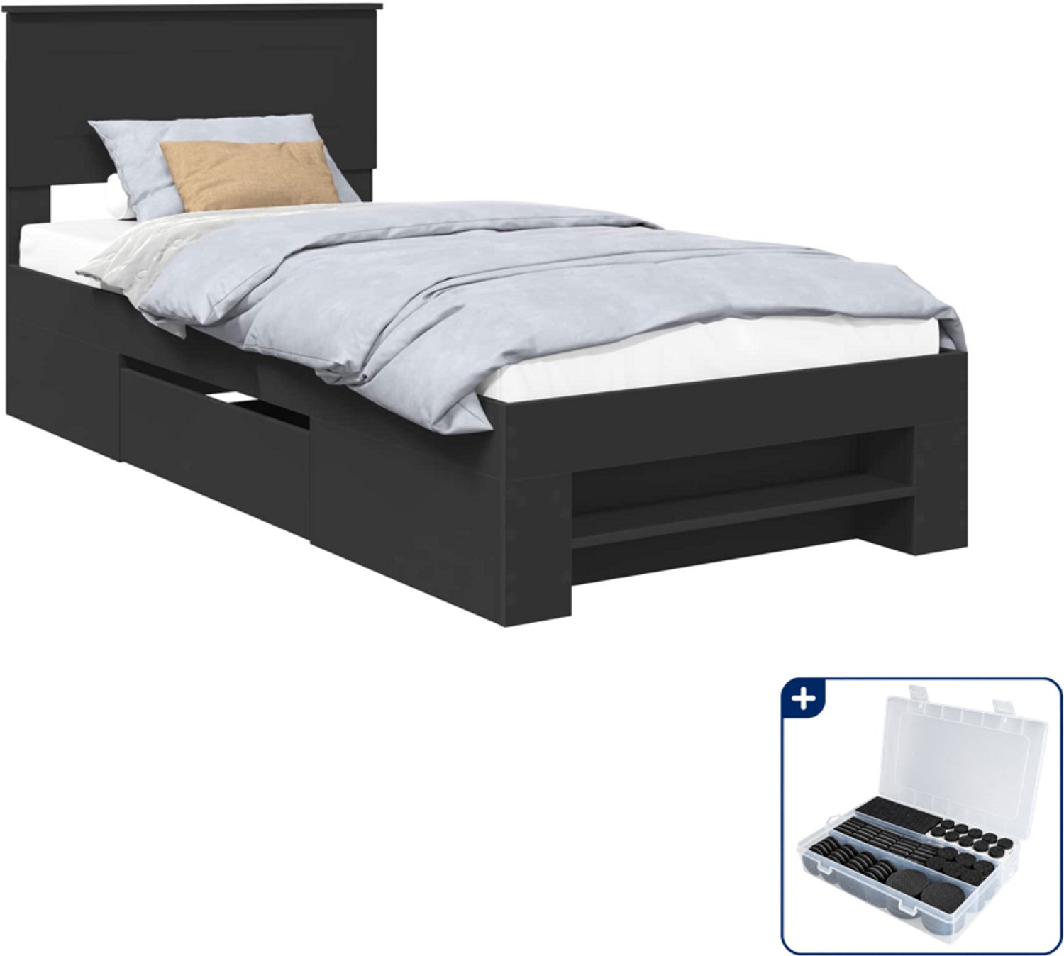vidaXL Bedframe - 80 x 200 cm - bewerkt hout - zwart - Inclusief antikrasvilt 177-delig Bruin