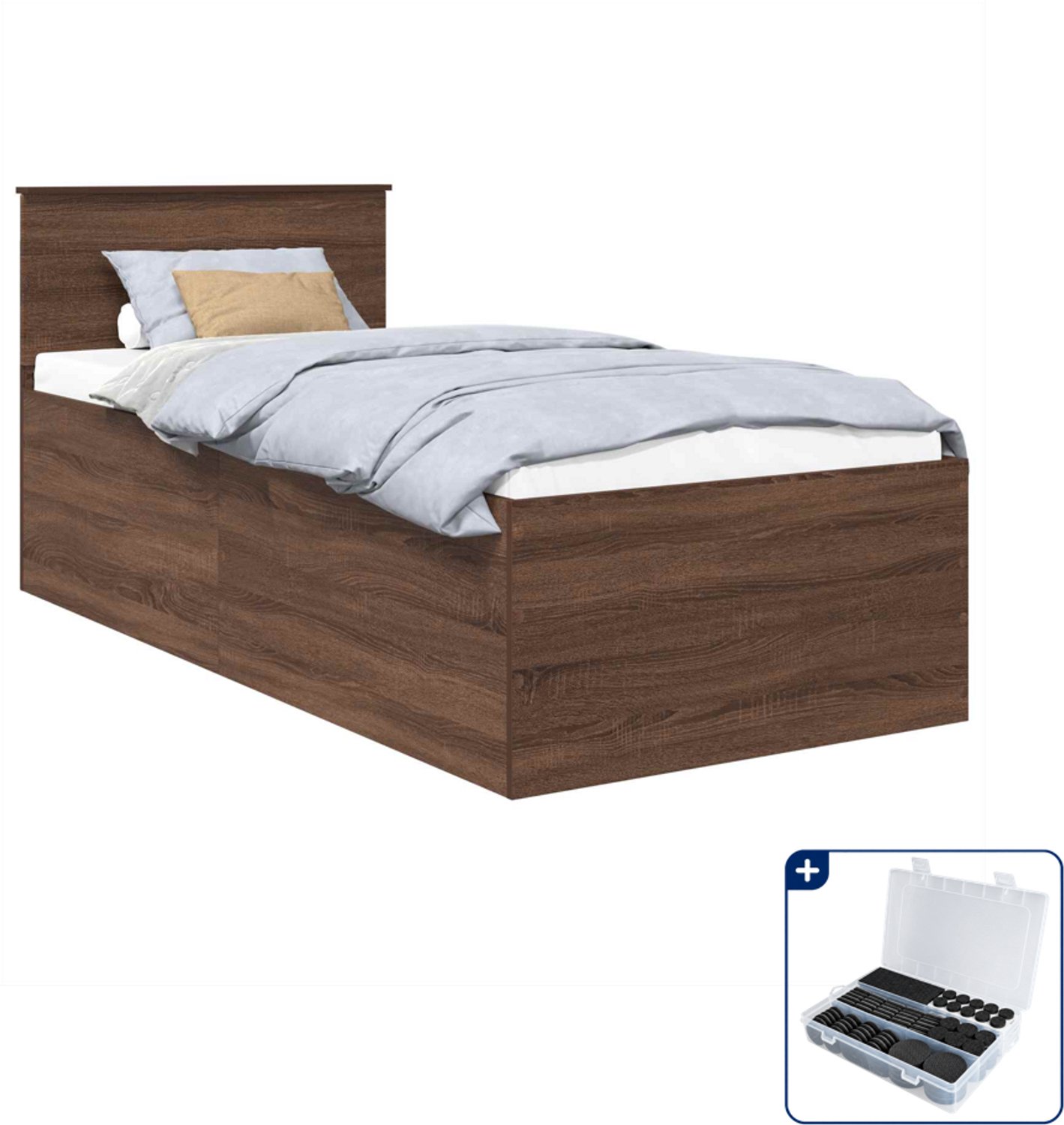 vidaXL bedframe met hoofdeinde - 75 x 190 cm - bewerkt hout - bruin - Inclusief antikrasvilt 177-delig