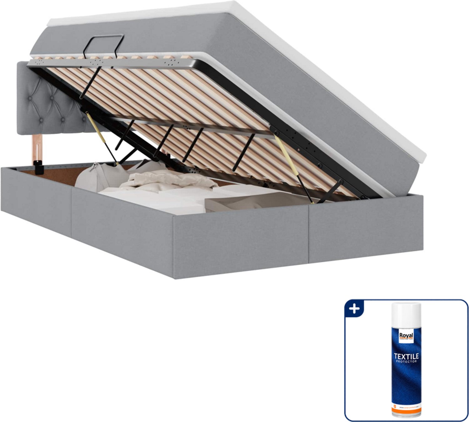 vidaXL led opbergbed met matras - 120 x 200 cm - lichtgrijs - Inclusief textielbeschermer 500 ml