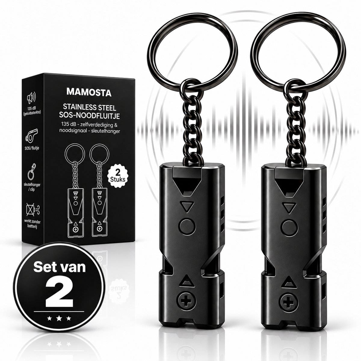 Mamosta® Noodfluitje 135 dB - Set Van 2 RVS Fluitjes - SOS Fluitje Met Sleutelhanger - Noodfluit Voor Je Noodpakket - Persoonlijk Alarm Voor Zelfverdediging & Wandelen