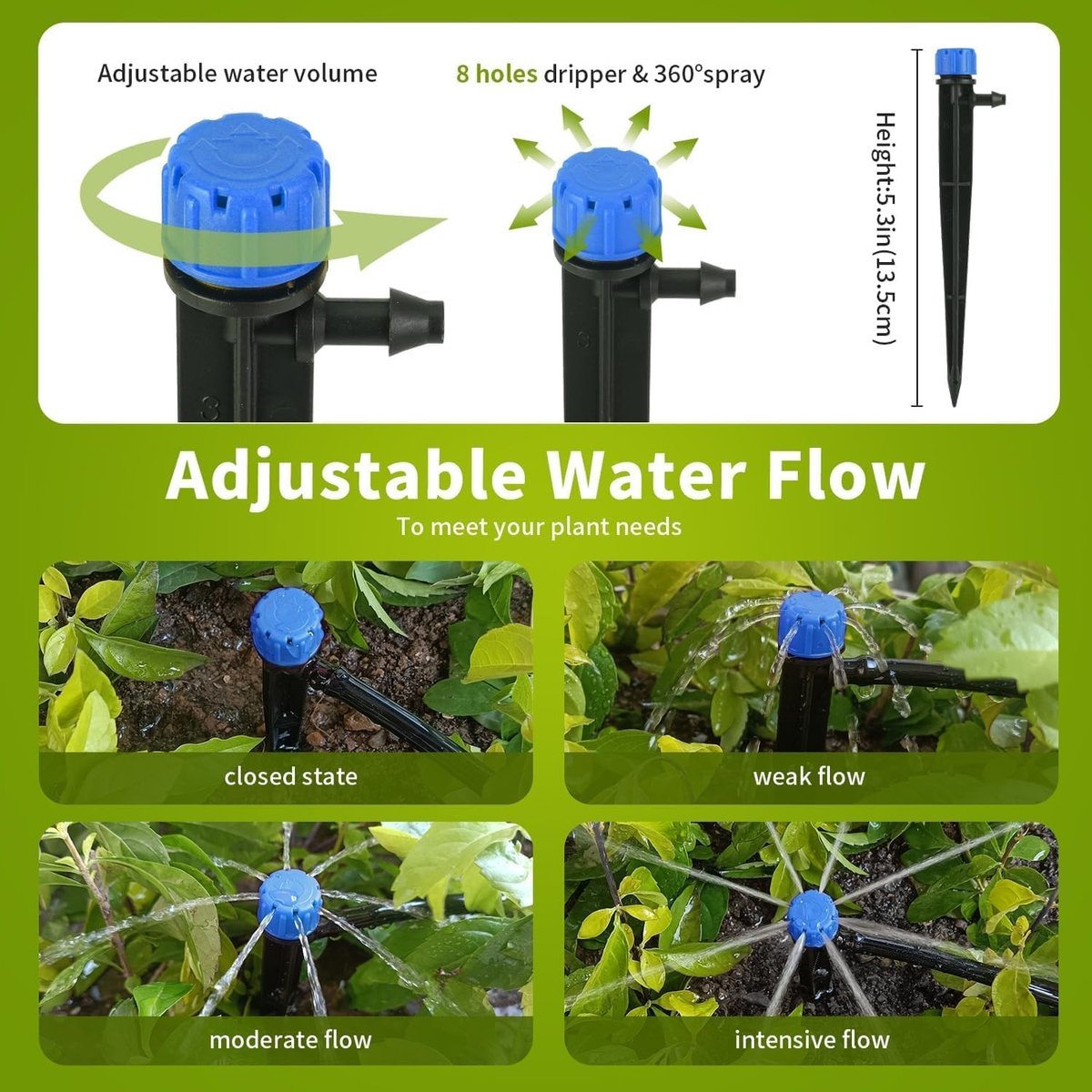 60 Stuks Water Irrigatie Drippers met 8 Verstelbare Gaten, Micro Flow en 360° Irrigatiesysteem voor 4mm/7mm Slang, Tuinirrigatie en Besproeiing