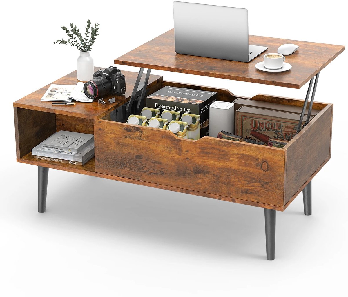 MokoHub Salontafel met Optilbaar Blad - Verstelbaar - Met opbergruimte - 100x50x44.2 cm - Bruin
