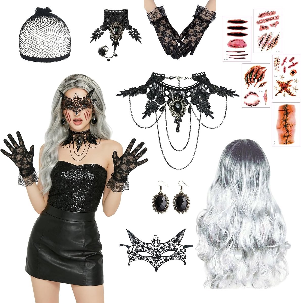Carnaval Kostuumaccessoires voor Vrouwen: 12-delige Set met Grijze Lange Golvende Peruk, Haarnet, Sieraden en Masker voor Halloween en Feestjes