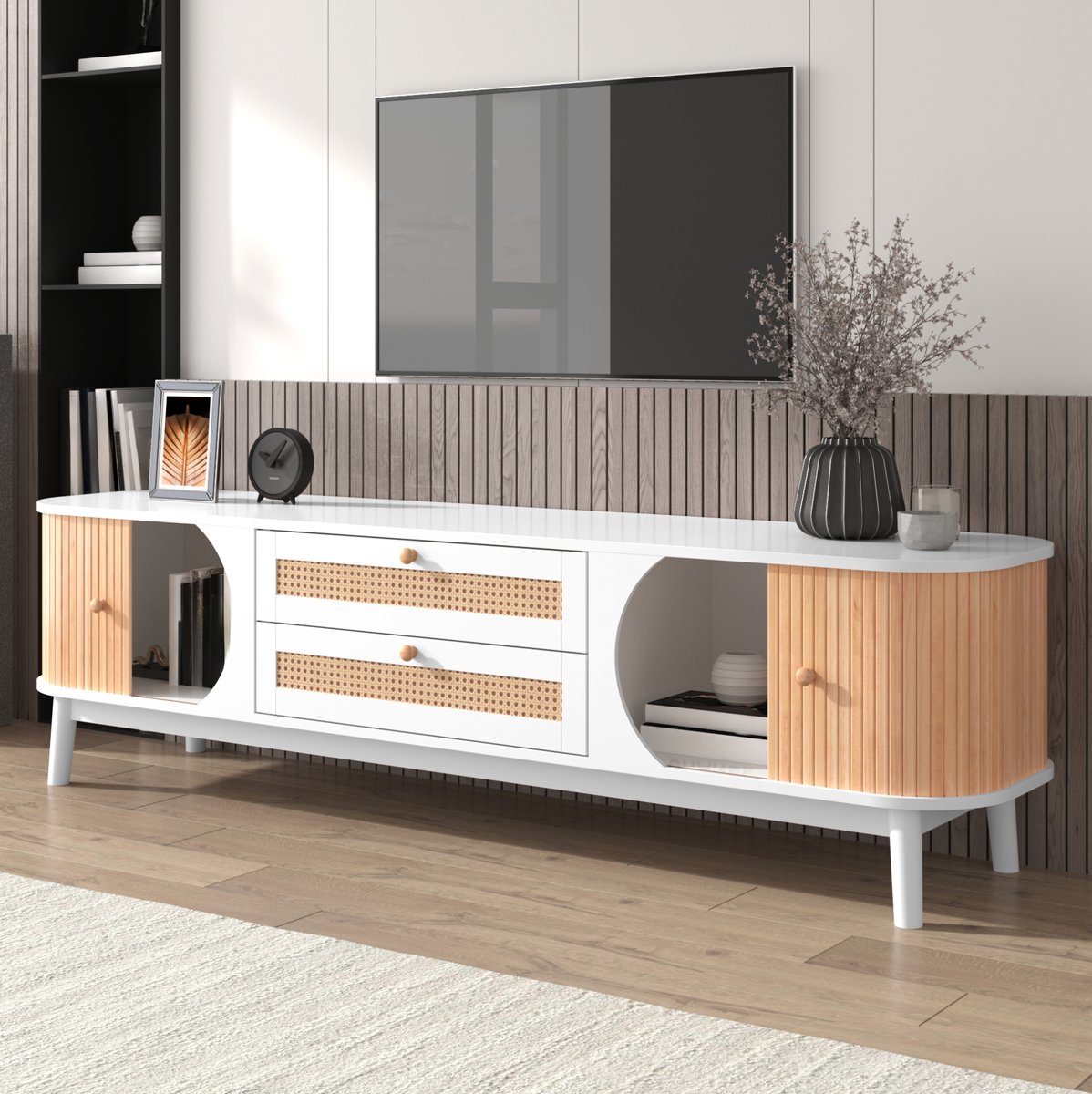 MEUNIQ TV-meubel 170 cm met 2 deuren, 2 rotanlades en open vakken, wit en houtkleurig MDF dressoir in landelijke stijl voor woonkamer