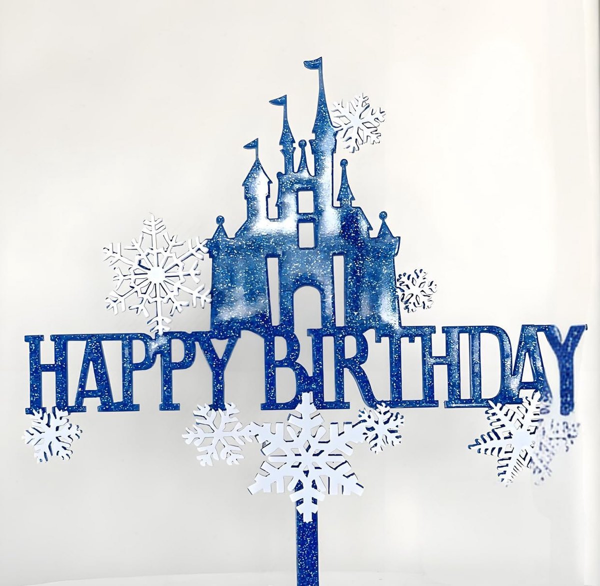 Glitter Cake Decorating Toppers - 1 stks Happy Birthday Kasteel Donkerblauw Wit en 8 witte sneeuwvlokken A501