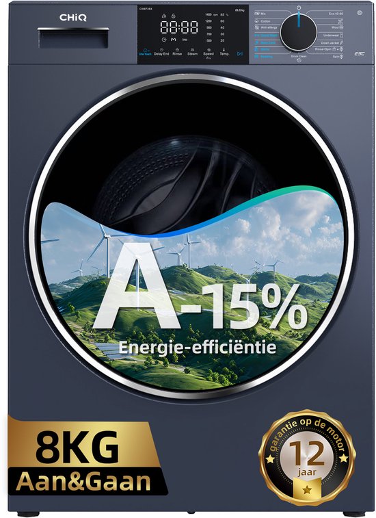 Donkergrijze CHiQ wasmachine met 8kg capaciteit, energieklasse A-15% en 12 jaar motorgarantie.