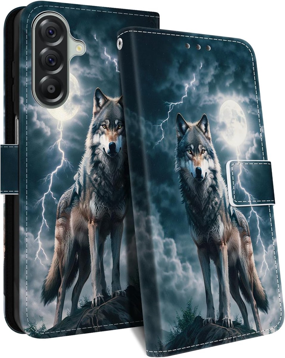 Hoes voor mobiele telefoon voor Samsung Galaxy A56 5G, PU-leren klaphoes, kaartenvak, beschermhoes, stootvaste standfunctie, flip case met patroon, telefoonhoes voor Samsung A56 5G, Wolf A