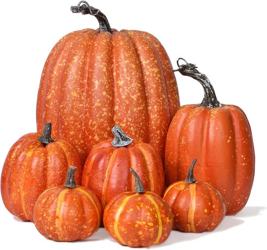Set van 7 kunstmatige pompoenen voor herfstdecoratie, oranje pompoenen in verschillende maten, grote realistische pompoenen voor Halloween en Thanksgiving, feestartikelen voor de herfst (oranje)