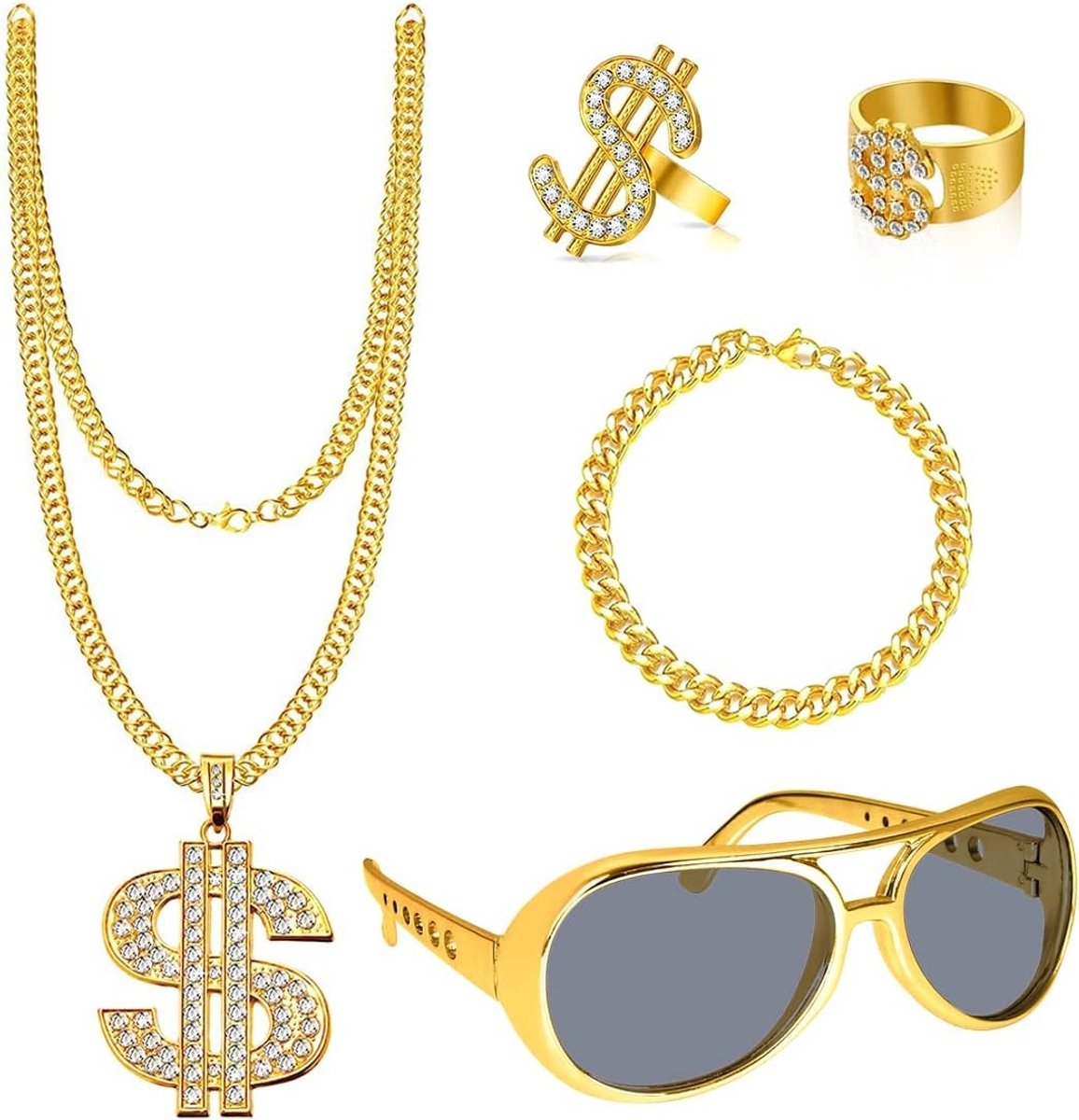 Hip Hop Kostuum Set met 5 Stukken, Rapper Outfit Accessoires, Gouden Ketting, Retro Zonnebril en Armband voor 80s 90s Cosplay en Halloween Feestjes
