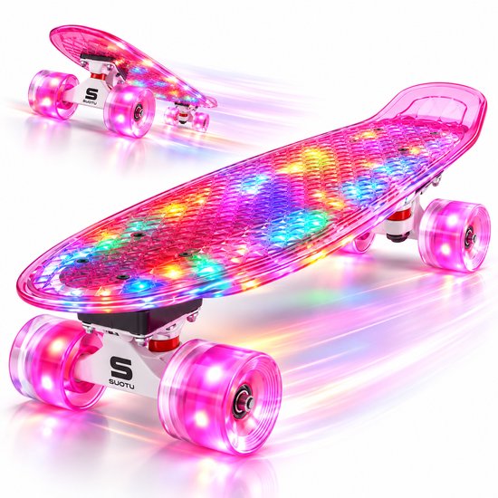 Roze skateboard met doorschijnend dek, gekleurde LED-lichtjes en roze wielen. Merk: Suotu.