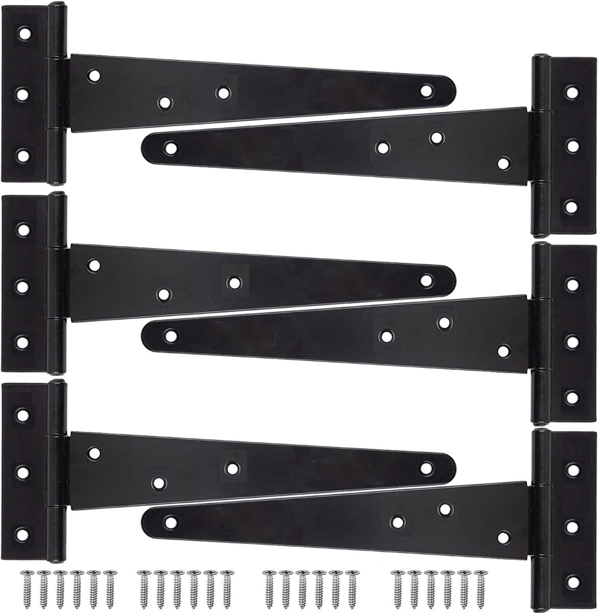 Set van 6 Robuuste 25 cm IJzeren T-Hengels voor Tuinhuisdeuren en Schuurdeuren - Inclusief 42 Schroeven (Zwart)