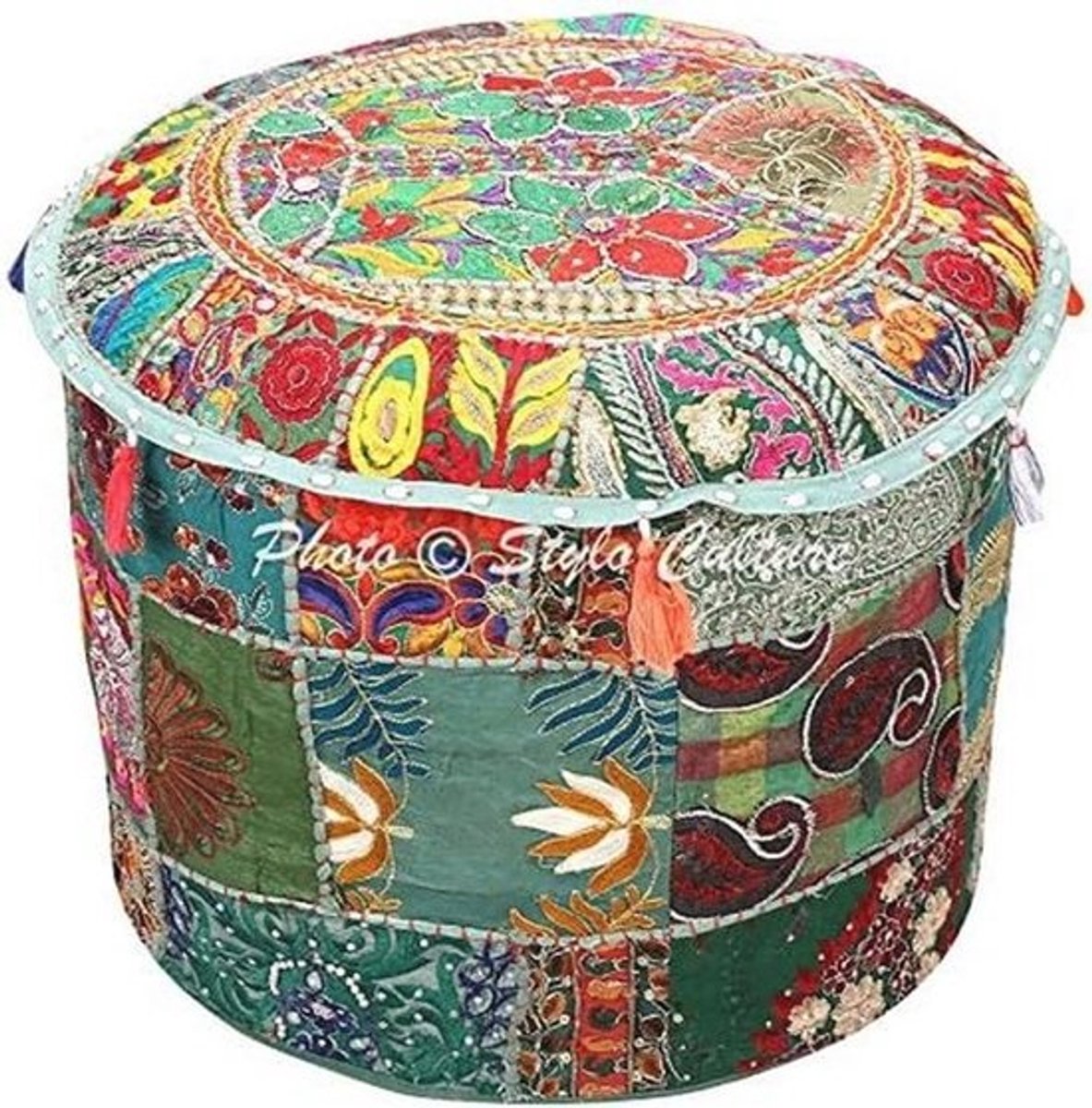 Vintage Ethnic Ottoman Pouf Cover Dark Green Round Fabric 55cm