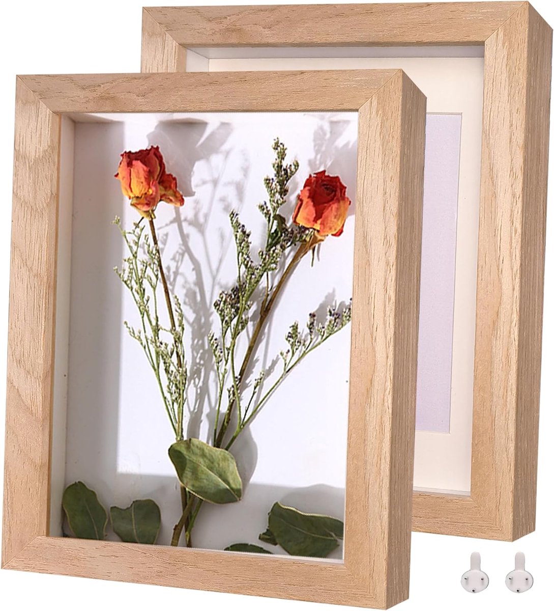 3D fotolijst om te vullen, houten fotolijst 20x25cm 2-pack, natuurlijke massief houten en echt glas fotolijst voor objecten tot 1,5cm
