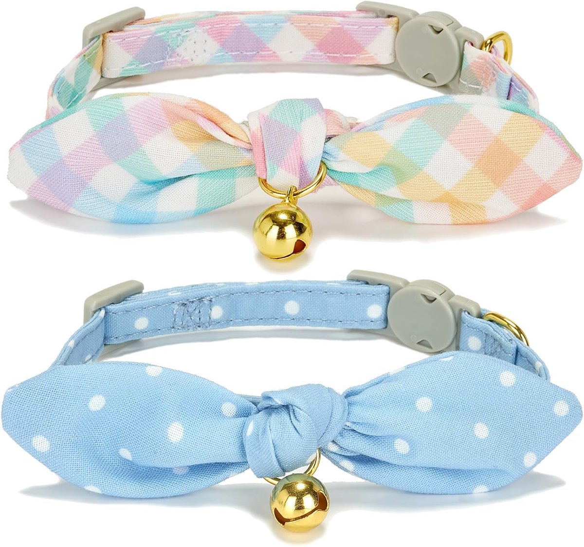 Kattenhalsband van zacht katoen met afneembare, handgebonden vlinderdas, 2 stuks kattenhalsbanden met veiligheidsgesp en belletje, blauwe stippen, kleurrijk ruitpatroon