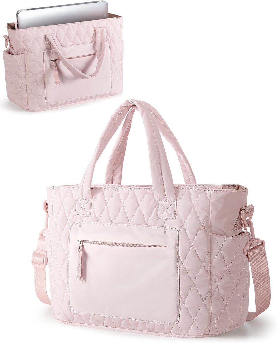 Bag voor Dames - Puffer Werktas met Laptopvak, Gewatteerde Schoudertas met Rits voor Werk, Reizen, Sportschool