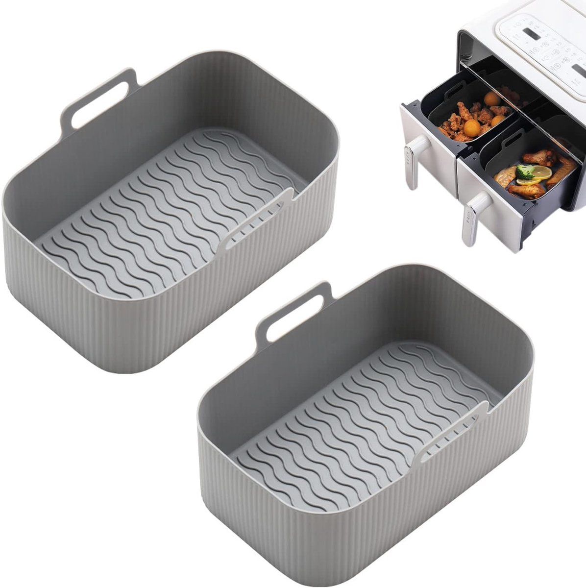 2 stuks siliconen luchtfriteuse, siliconen pan, siliconen luchtbraadpan, herbruikbare luchtbraadpan voor oven, magnetron, thuis, keuken, accessoires voor buitenpannen (grijs)