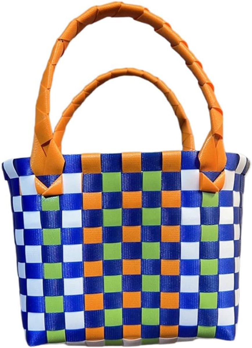 Boodschappenmand van kunststof, boodschappentas, shopper, gevlochten strandmand, veelzijdige opbergmand, draagtas, praktische mand voor picknick en huishoudelijk organisatie, blauw oranje