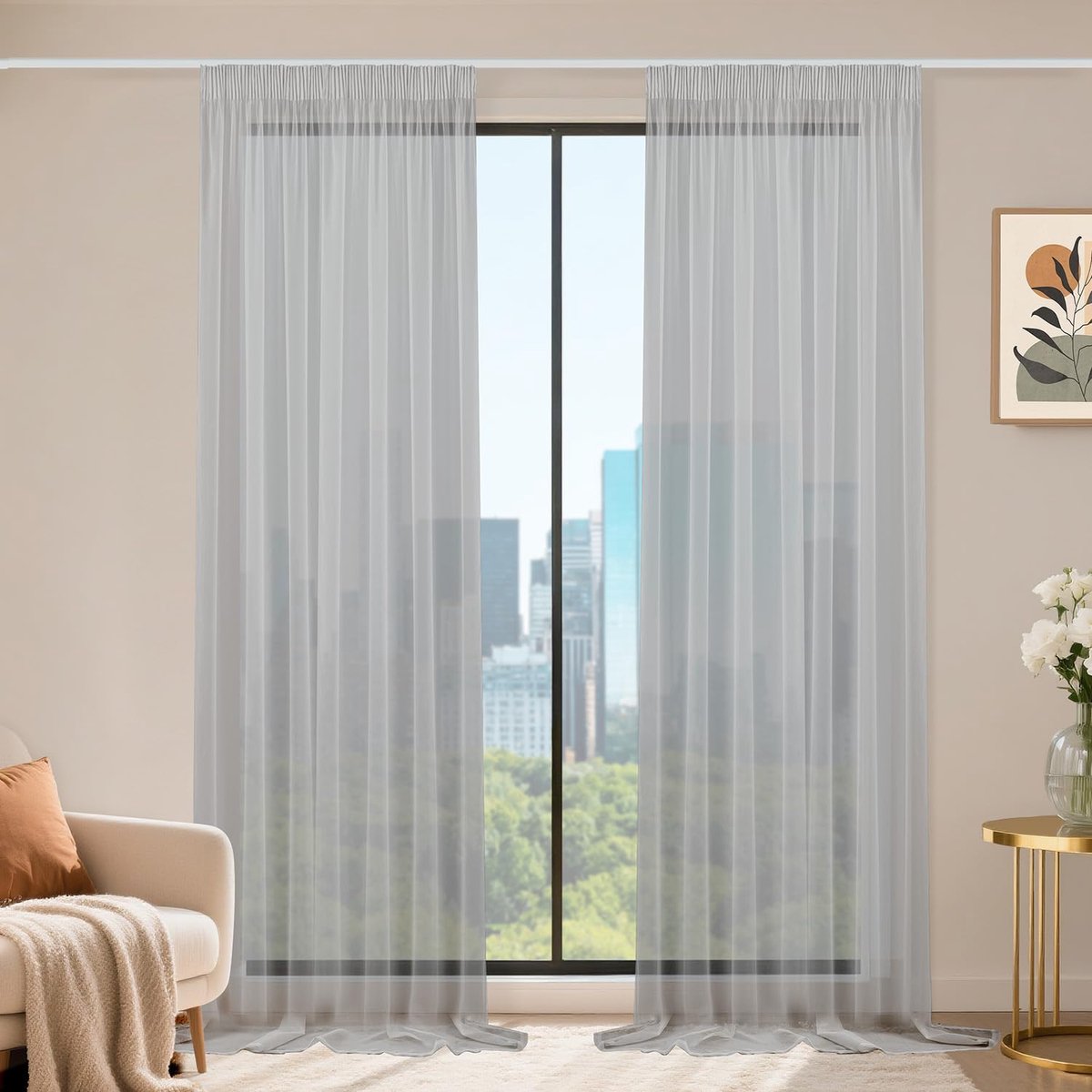 Gordijnen met rimpelband, set van 2, voile schuifgordijnen, 280 x 140 (H x B), transparant gordijn, grijs gordijn, gordijnen voor woonkamer, slaapkamer, transparant gordijn