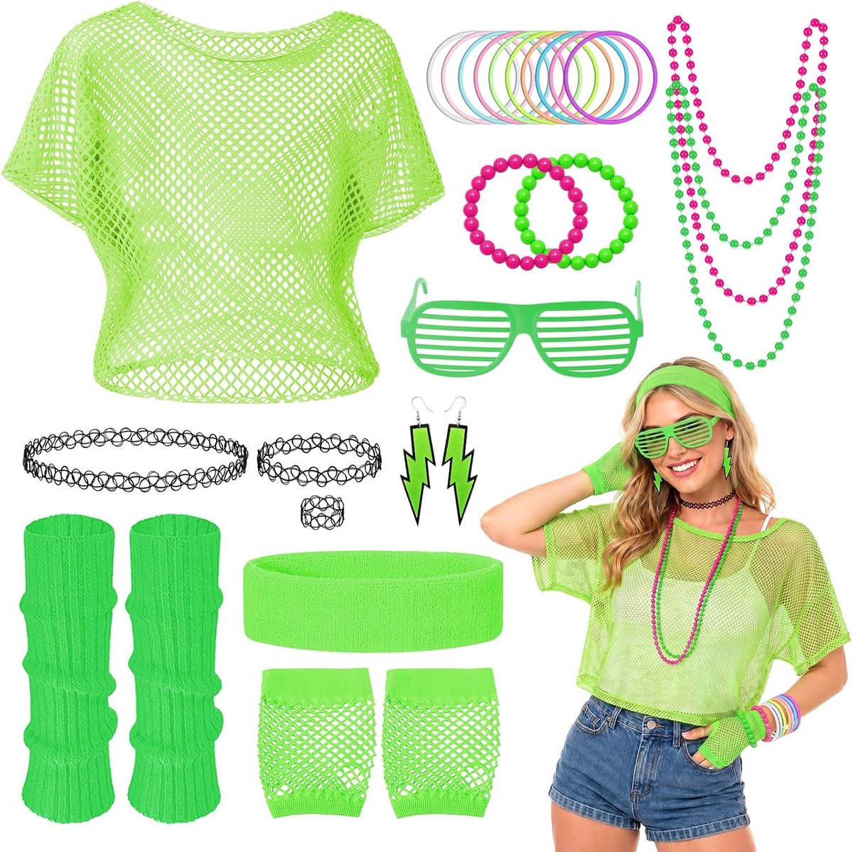 80-90-outfit voor dames, 25-delige neonkostuumaccessoireset met netshirt, beenwarmers, nethandschoenen, jaren 80-kleding voor dames, jaren 80-accessoires voor dames, voor retro themafeest