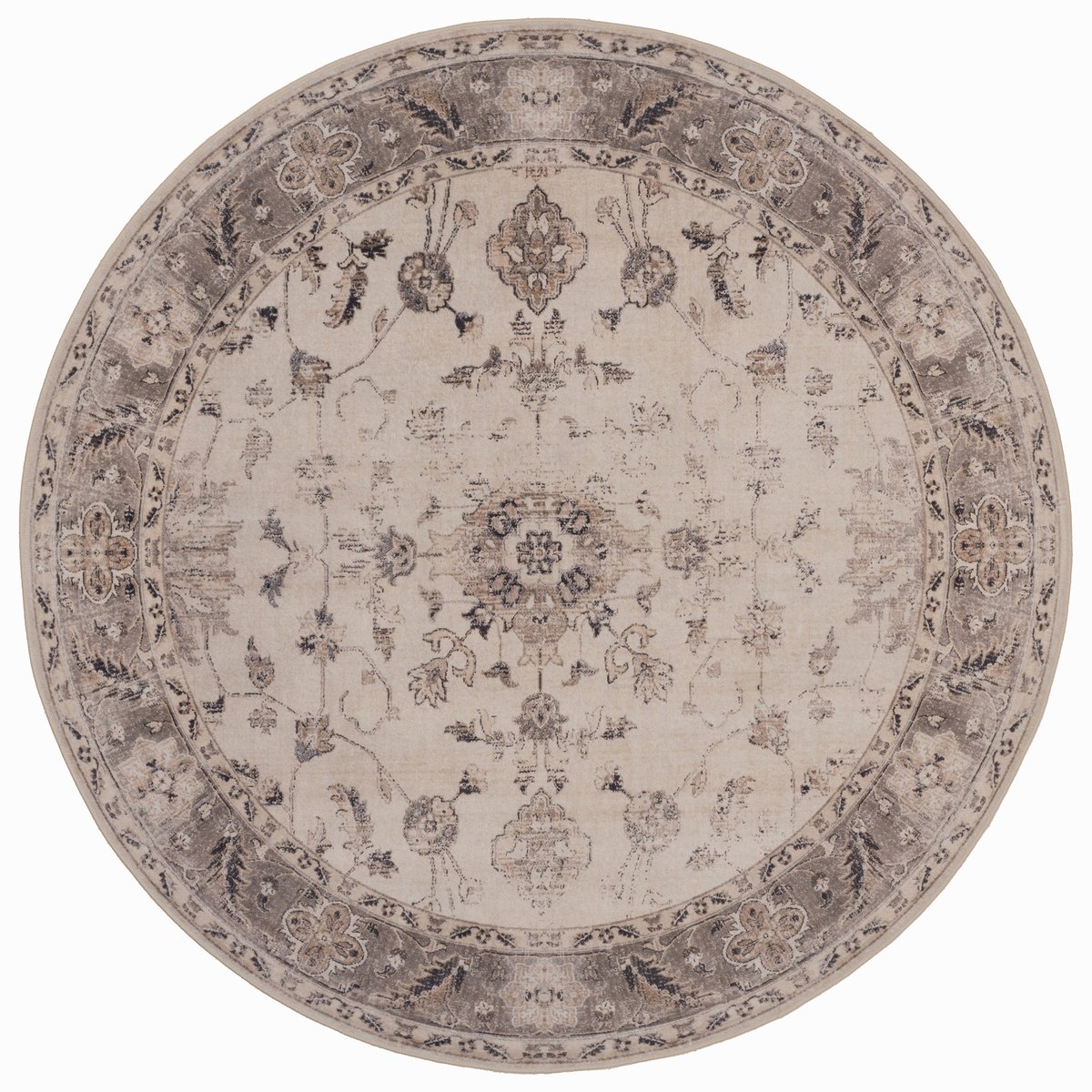 Rond Vintage Vloerkleed Atlas Bloemen 200 cm - Wasbaar Antislip Beige