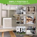 Productillustratie met vijf pictogrammen van locaties: keuken, kledingkast, opslagruimte, magazijn, camper en garage. De tekst zegt: 'SIMPLY POSITION IT In areas where you wish to deter pests'.