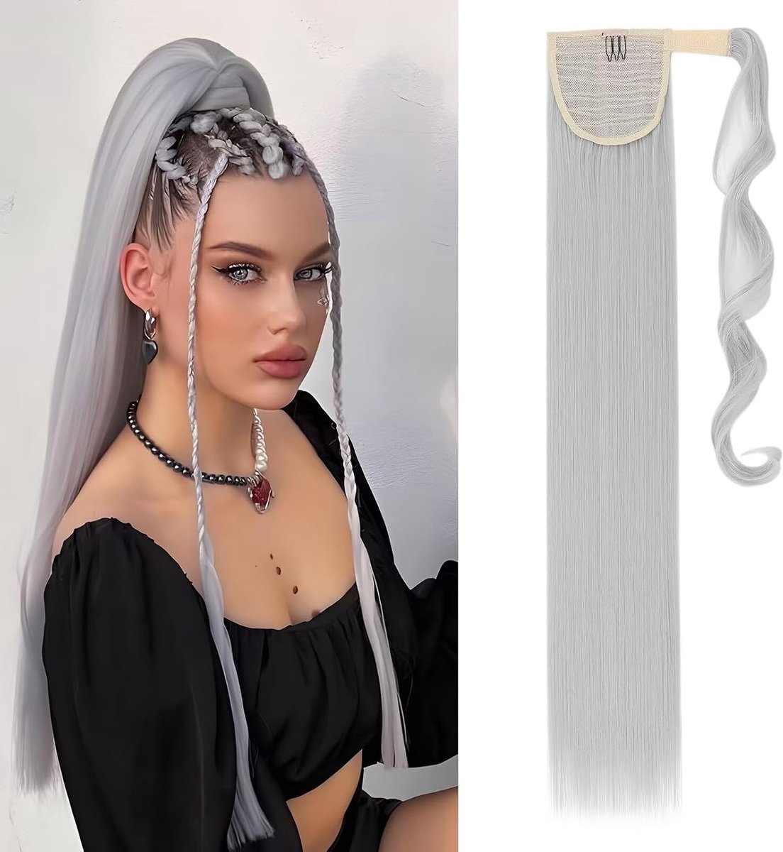 Ponytail/paardenstaart extensions, haarverlenging haarstuk clip‑in, synthetisch, glad, hair extension 100 g, 65 cm, silbergroen (silbergrau = zilvergrijs)