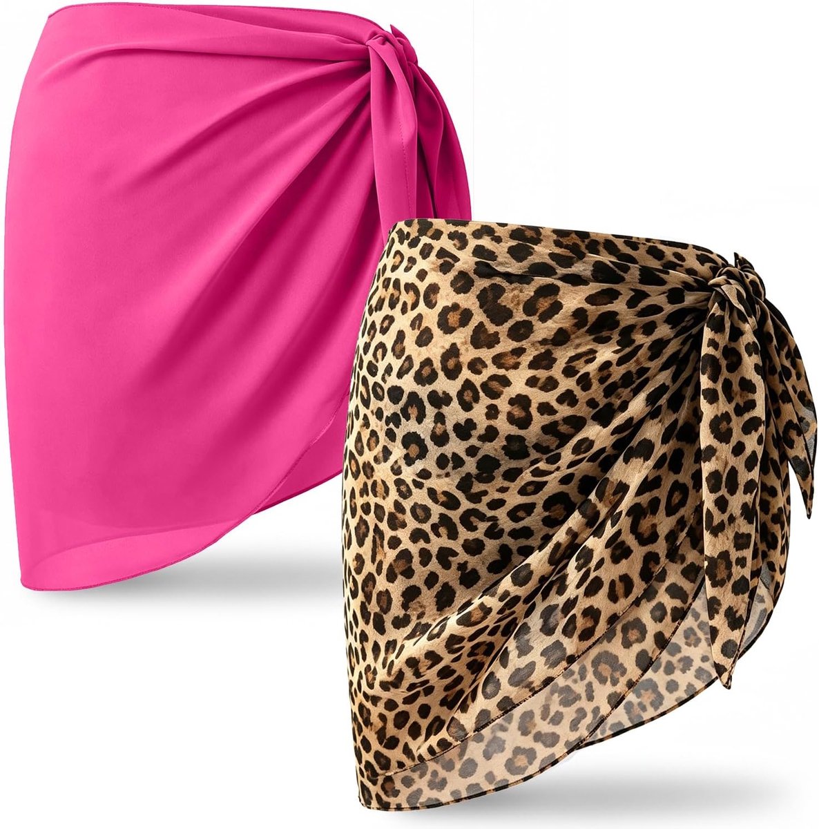 2 Stuks Sarong voor Dames, Chiffon Stranddoek Wikkelrok, Transparante Rok voor Badpak en Bikini, Strandmode Accessoire, Rozerood & Luipaardprint